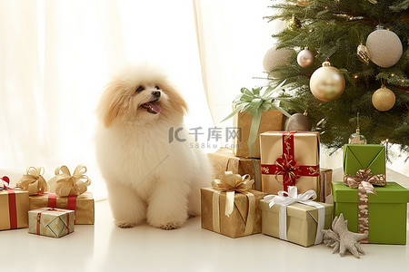 打背景图片_狗站在圣诞礼物和包装纸前