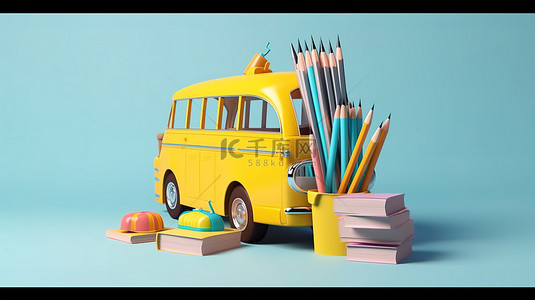铅笔书籍背景图片_3d 学校用品套装巴士包铅笔彩色铅笔和青色背景的书籍