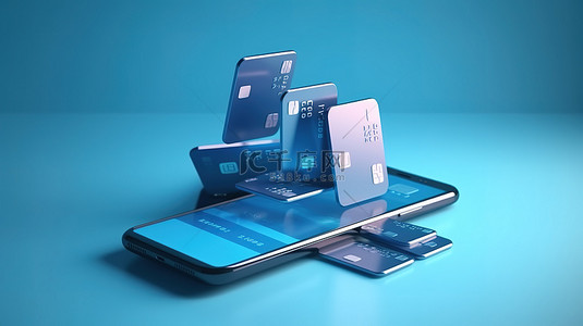 蓝色背景与孤立的 3d 渲染智能手机信用卡和硬币堆