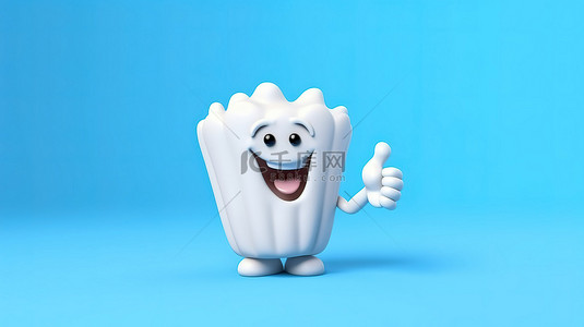 卡通牙背景图片_卡通手握牙齿剪贴画在孤立的蓝色背景下的 3D 渲染