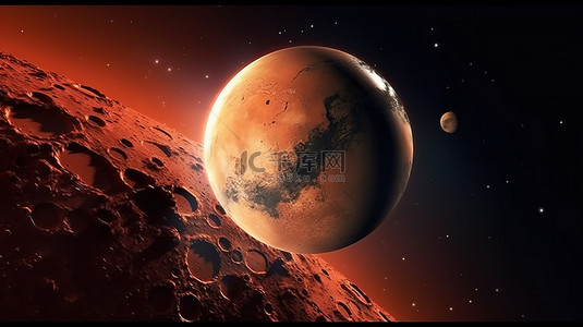 月亮之夜背景图片_浩瀚太空中的火星 3D 插图
