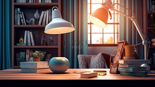 学习和自由职业概念的 3D 渲染，以家庭办公室电脑台灯和书架为特色