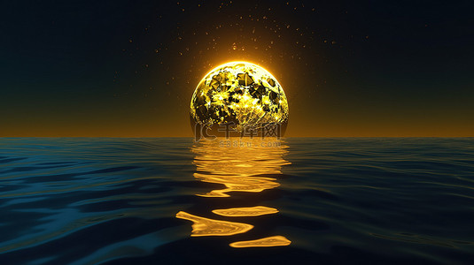 黄色月亮背景图片_3d 渲染中的夜间场景黄色月亮和水