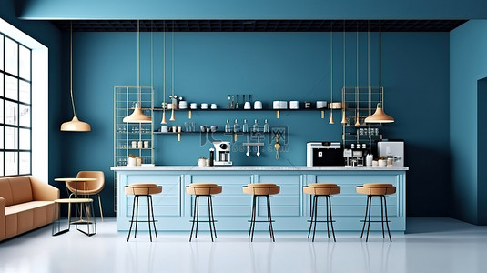 蓝色木制背景背景图片_厨房餐厅和咖啡店的现代室内设计，蓝色墙壁背景 3D 渲染