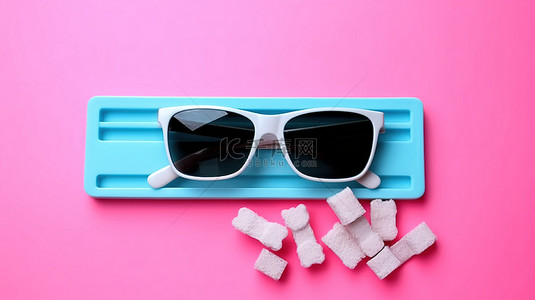 粉红色白色背景图片_电影拍板和 3D 眼镜的顶视图，粉红色蓝色背景上有白色框架，电影般的乐趣