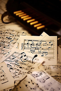 音乐主题和音符分布在乐谱上