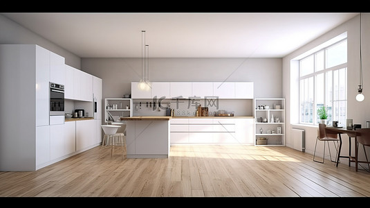 时尚简单的 3D 渲染白色家具厨房，铺有木地板