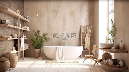 浴室背景图片_波西米亚斯堪的纳维亚风格米色浴室 3D 室内渲染