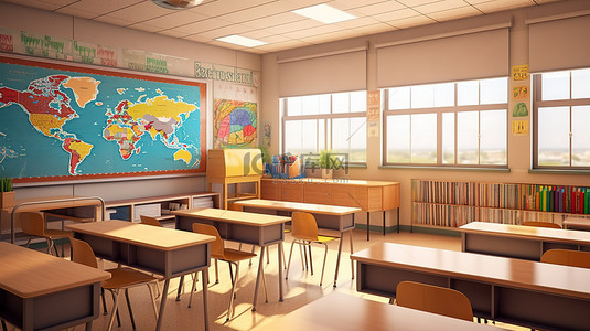 现代教室的 3d 渲染