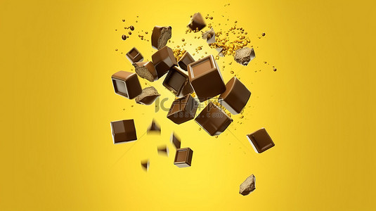 孤立的黄色背景上巧克力块的冷冻飞行 3D 插图