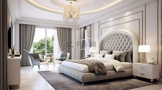 精致的经典豪华套房，配有 3D 渲染，包括电视工作桌和酒店卧室的欧式家具