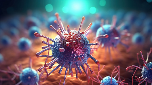 癌症细胞背景图片_描述噬菌体病毒对细菌攻击的 3D 插图是解释传染病的医学概念