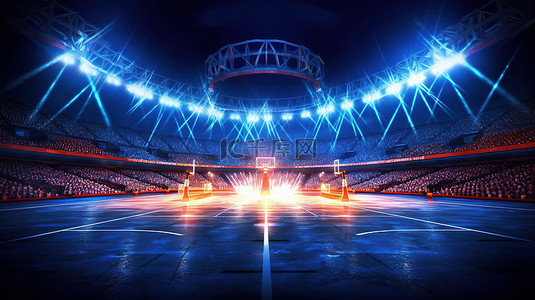 3d遊戲背景图片_明亮的场灯照亮的篮球场的 3D 渲染