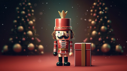 金圣诞快乐背景图片_巨大礼品盒中的节日惊喜胡桃夹子和圣诞树 3D 渲染
