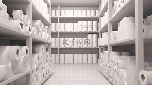 卫生用品背景图片_3d 渲染中商店货架上的白色卫生纸包装