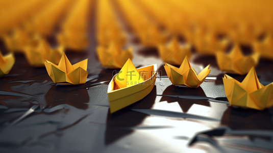 团队方向背景图片_黄色领导者纸船的 3D 渲染引导着白色随从船队，象征性地展示了领导力的成功和团队合作