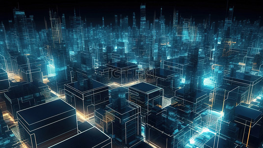 基于网络空间中的数字化数据和信息，通过 3D 渲染技术创建的未来城市景观