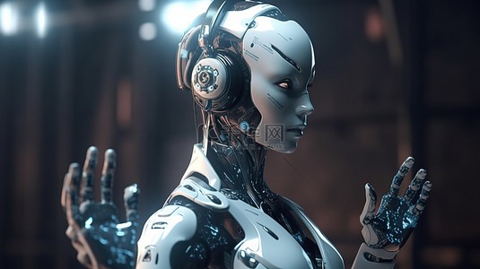 3D 渲染中带耳机的手举女性机器人或机器人
