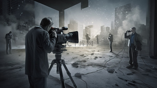 男摄影师操作摄像机捕捉电影 3D 渲染概念
