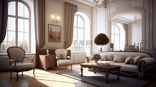 欧式家具背景图片_客厅米白色系欧式家具大空间客厅