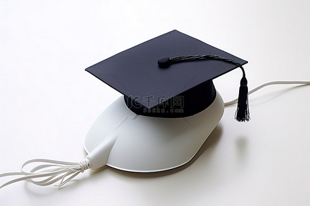 毕业背景图片_白色电脑鼠标上的毕业帽