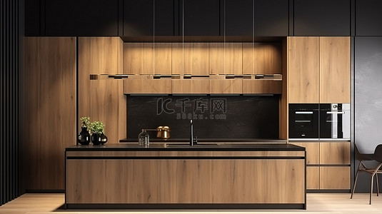 带有天然和黑色木纹前面板的 3D 渲染厨房角落的室内场景和框架模型