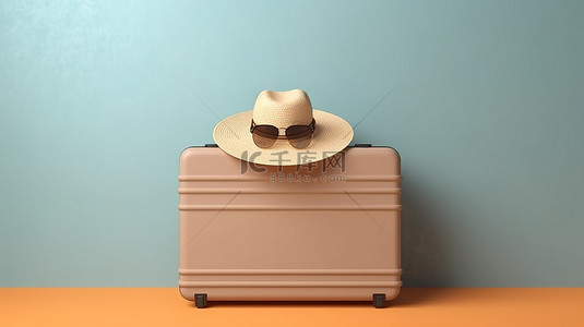 旅行风格干净的 3D 渲染帽子太阳镜和手提箱靠在卡罗来纳州墙上