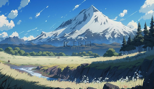 樱花富士山背景图片_春天草原雪山插画背景