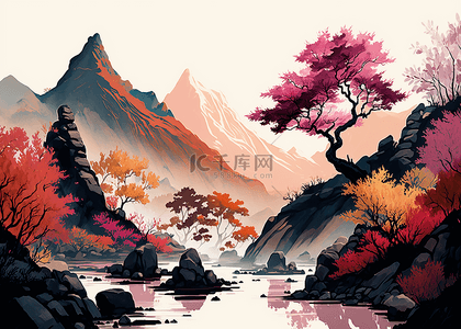 山峰粉色水墨画背景