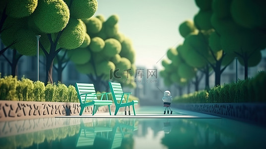 城市公园风景背景图片_卡通风格城市公园的聚 3D 渲染，配有河边椅子树木和城市景观