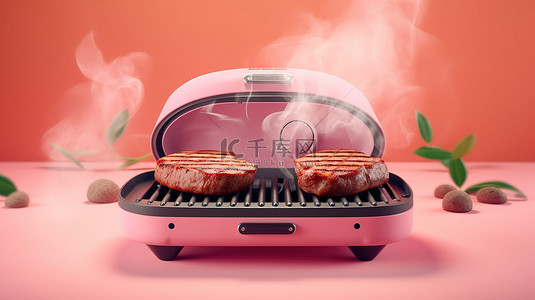 粉红色背景上的铁板牛排，带有烟熏烤架 3D 插图