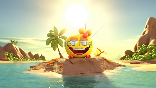 岛屿冒险热带天堂的 3d 卡通渲染与嬉戏的太阳