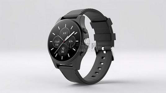 白色背景 3D 模型上带表带的时尚黑色智能手表