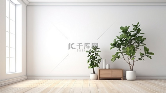 精致的客厅设计，拥有郁郁葱葱的绿色植物现代橱柜和干净的白色墙壁 3D 渲染图像