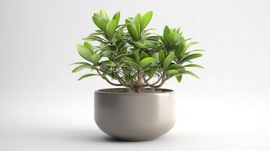 白色假花背景图片_白色背景展示了陶罐中郁郁葱葱的绿色植物的 3d 渲染
