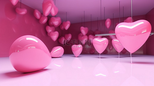 情人节礼物背景图片_粉色气球心 3D 渲染悬浮爱情惊喜情人节礼物