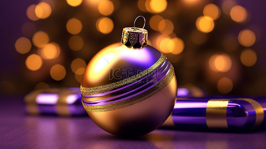 金背景图片_3D 渲染插图卡用紫色和金色圣诞球庆祝圣诞快乐和新年快乐