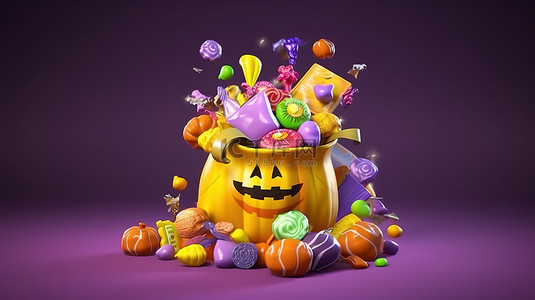 传统的十月假期 3D 渲染彩色糖果和糖果在紫色背景的黄色袋子里庆祝万圣节快乐