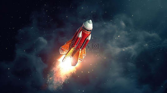 创业背景图片_悬浮在太空中的红色火箭代表创业概念的 3D 插图