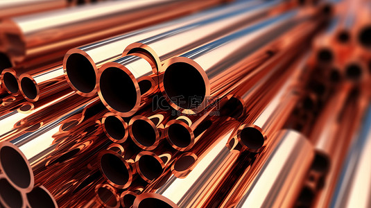 钢铁背景图片_钢铁行业中的堆叠铜管和轧制金属产品 3D 渲染插图