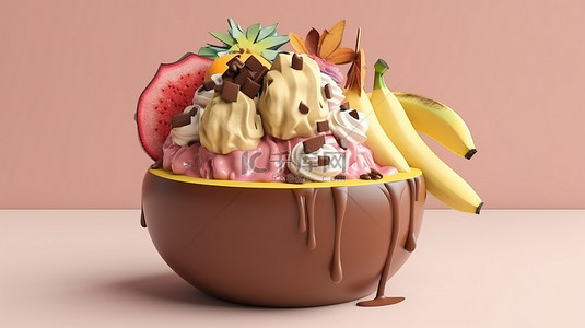 香蕉牛奶背景图片_清爽夏日甜点巧克力香蕉宾索亚洲韩国刨冰 3d 渲染卡通风格