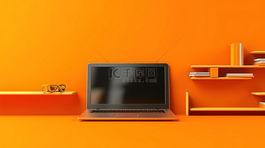 放置在橙色架子背景上的笔记本电脑的 3D 渲染