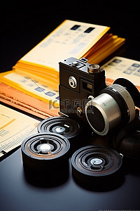一张带有旧相机胶片卷带和胶片卷轴的照片