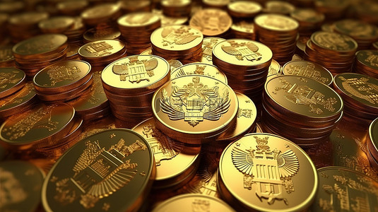 基金背景图片_俄罗斯黄金基金在大量金条上刻字的 3D 渲染