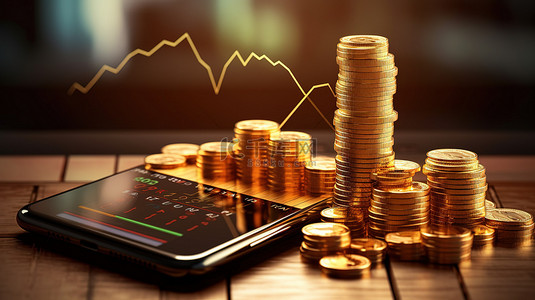 r背景背景图片_3D手机硬币金钱和增长图描绘金融投资