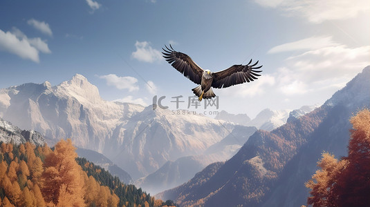 秋天风景背景图片_鸟瞰雄伟的雄鹰在 3D 宽屏景观中翱翔