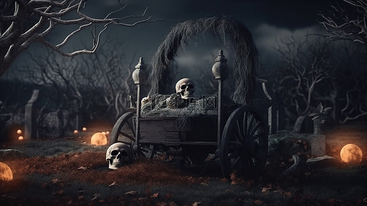 卡通墓碑背景图片_3D 渲染怪异的万圣节背景，以墓碑和头骨为特色，在闹鬼的墓地里