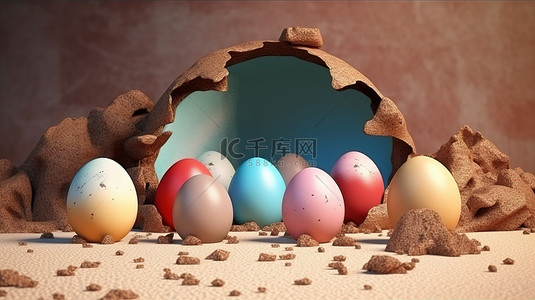 復活節背景图片_从带有复制空间的地孔中出现的复活节彩蛋的 3D 插图