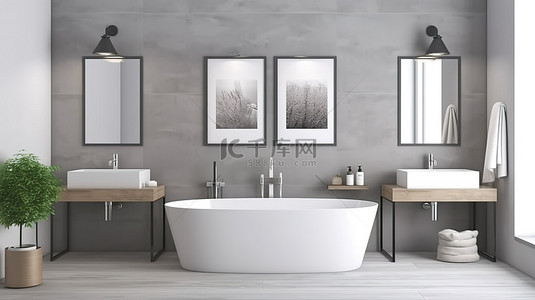 灰色和白色的现代浴室风格 3D 渲染模型海报框架