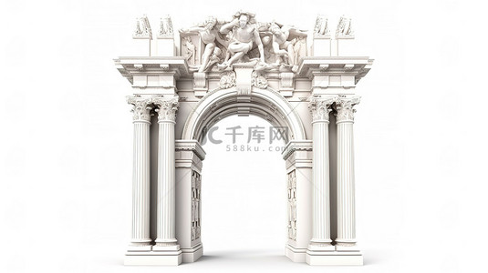 漂亮的装饰品背景图片_前视图中带有科林斯柱的白色孤立经典拱门的 3D 渲染